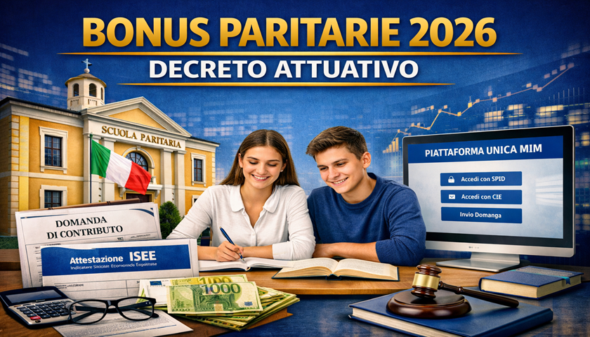 Grafica istituzionale sul Bonus Paritarie 2026 con studenti, scuola paritaria, documenti ISEE e portale Piattaforma Unica MIM