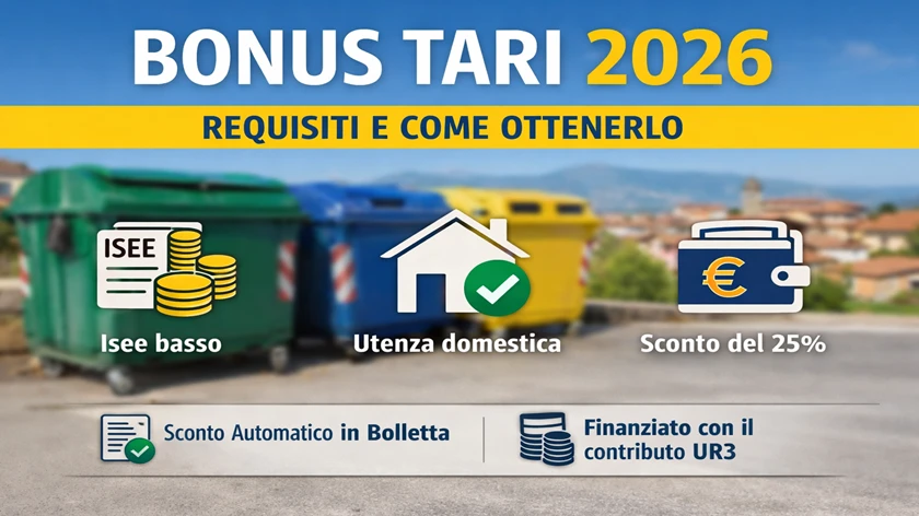 Grafica informativa sul Bonus Tari 2026 con requisiti ISEE, utenza domestica e sconto automatico del 25% sulla tassa rifiuti