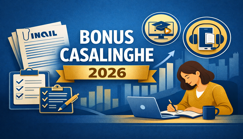 Grafica economico‑istituzionale dedicata al Bonus Casalinghe 2026, con documenti INAIL, icone digitali e donna che studia al computer, colori blu e oro.