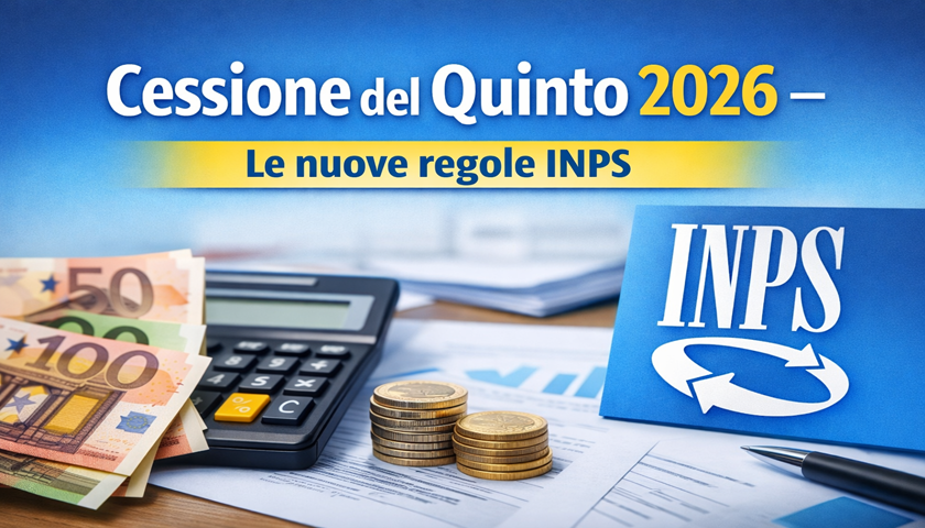 Grafica informativa Cessione del Quinto 2026 con titolo sulle nuove regole INPS e simboli di euro, calcolatrice e logo INPS.