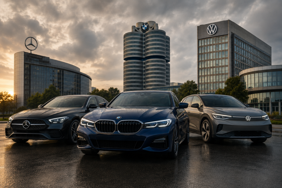 crisi auto tedesca. Un'immagine generata da ChatGPT che riprende una Mercedes Benz, una Bmw e una Volkswagen