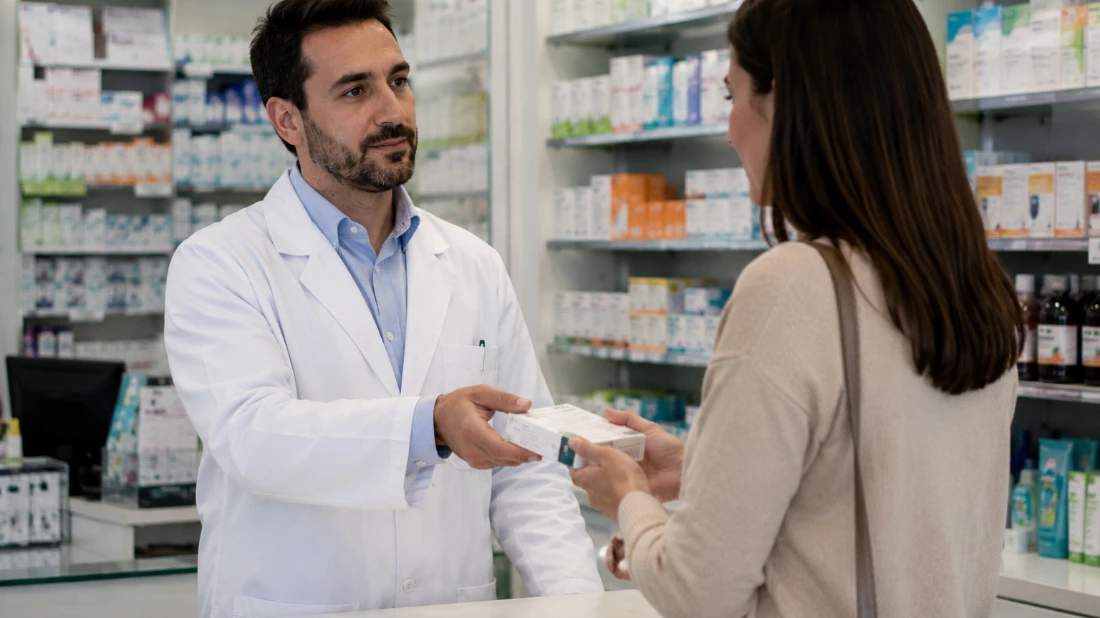 Farmacista consegna una confezione di farmaco a una cliente al bancone di una farmacia. I dazi Usa sui farmaci generici rischiano di incidere sulla disponibilità e sui costi per pazienti e farmacie