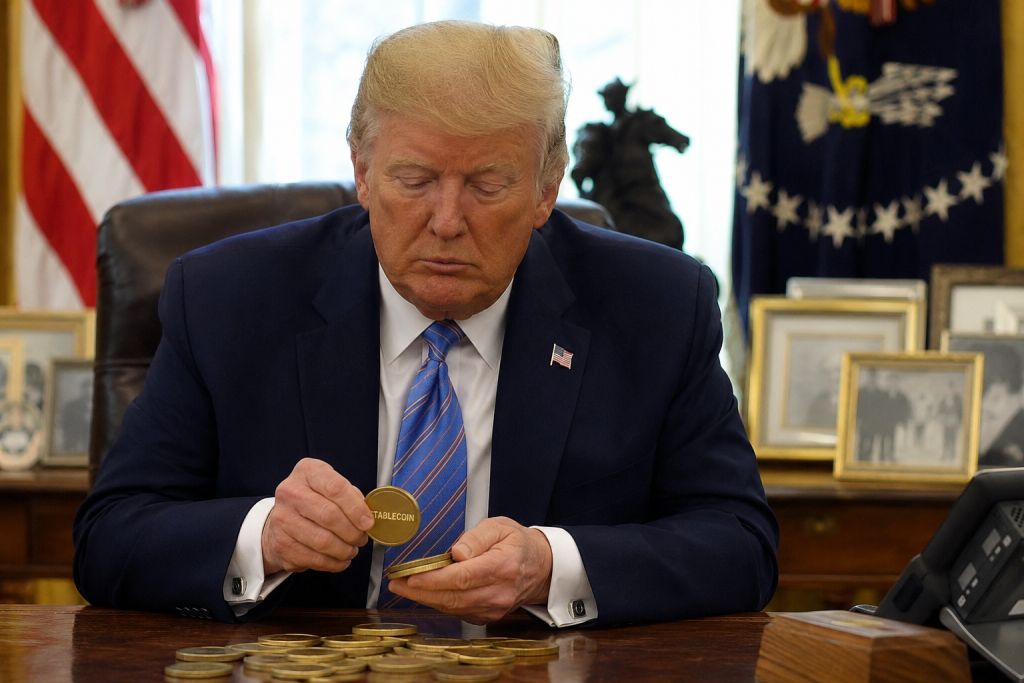 Donald Trump seduto alla scrivania dello Studio Ovale mentre osserva una moneta con la scritta "stablecoin", circondato da monete dorate impilate sul tavolo