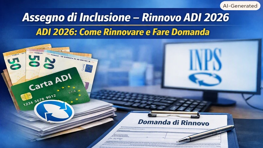 Infografica “Assegno di Inclusione – Rinnovo ADI 2026”: Carta ADI verde con chip, banconote da €50 e €20, logo INPS e modulo “Domanda di Rinnovo” su sfondo blu.