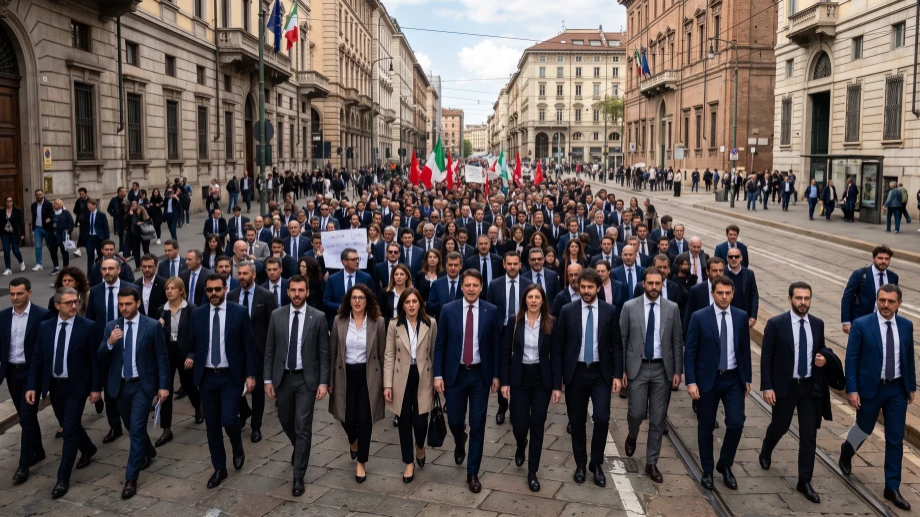 Una sfilata di uomini e donne in abito manageriale, per le strade di una città italiana