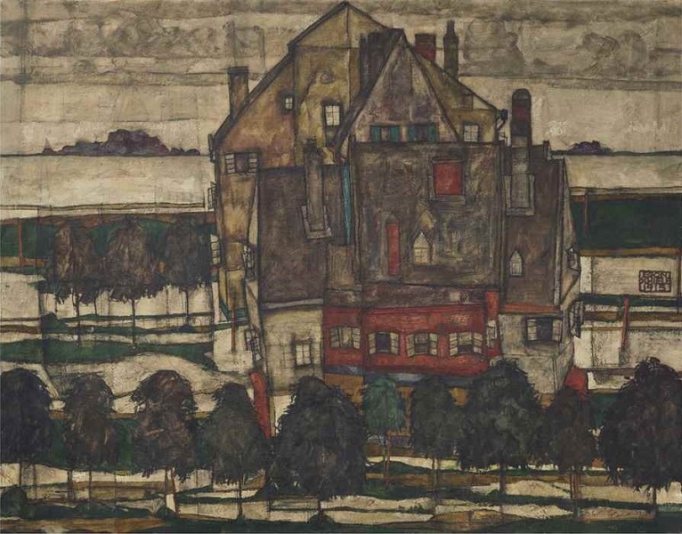 Einzelne Häuser (Häuser mit Bergen) di Egon Schiele