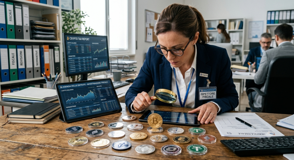 Ispettrice del fisco osserva con una lente di ingrandimento delle criptovalute poggiate sulla sua scrivania