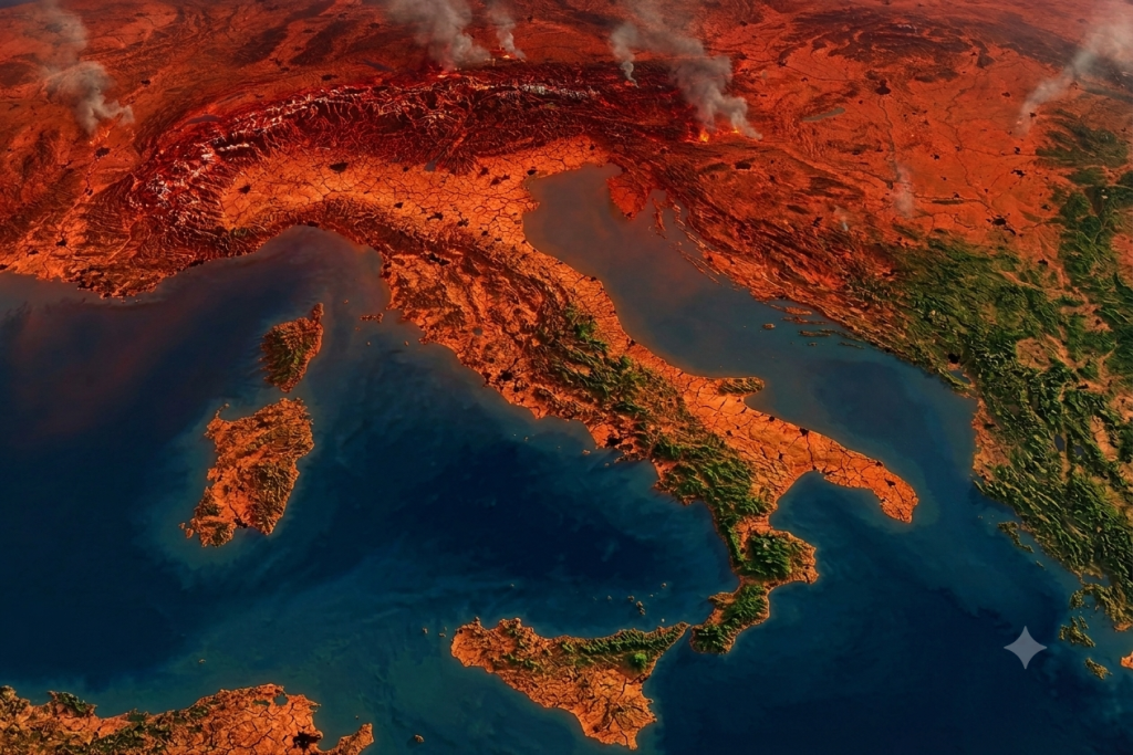 Mappa satellitare dell'Italia colorata in rosso e arancio per rappresentare il riscaldamento climatico, con fumo che si leva dalle regioni alpine e pianura padana in evidenza.