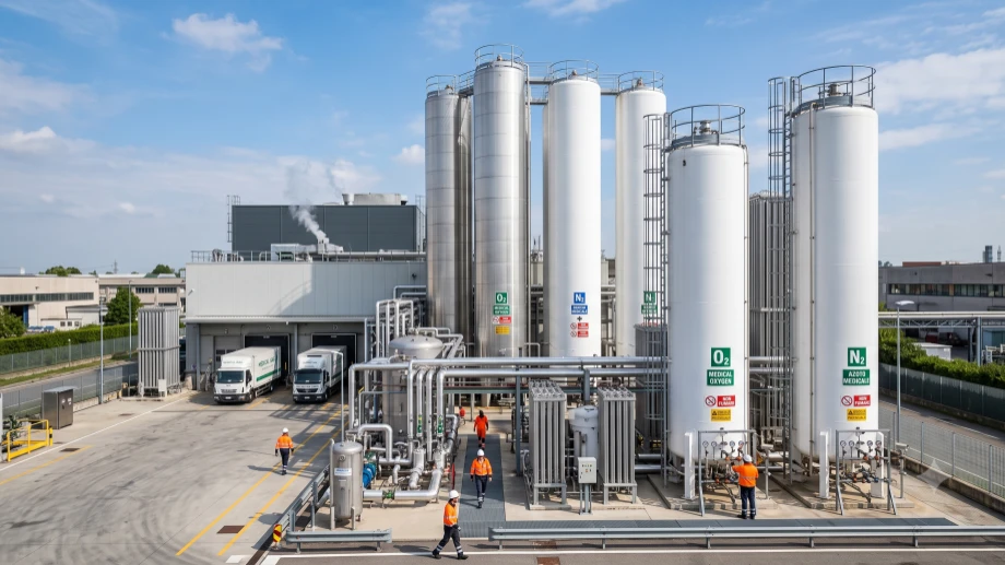 Un impianto di produzione di gas tecnici e medicinali, con i silos di contenimento delle sostanze.