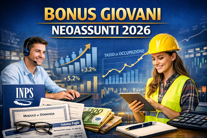 Grafica istituzionale sul Bonus Giovani neoassunti 2026 con giovani al lavoro, documenti INPS e grafici sull’occupazione