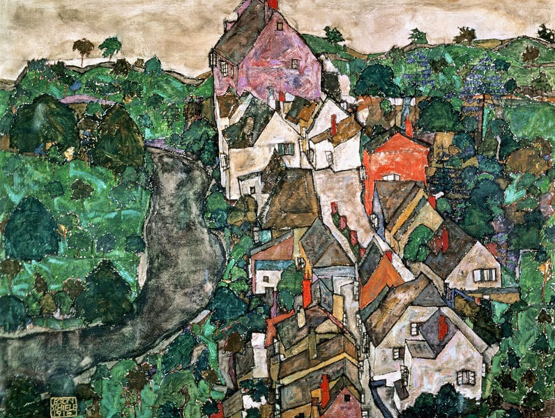 Krumauer Landschaft (Stadt und Fluss) di Egon Schiele
