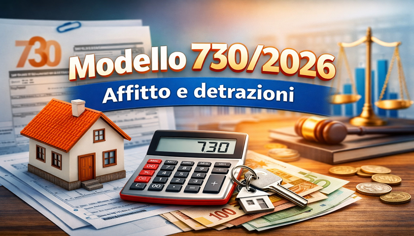 Grafica informativa sul Modello 730/2026 con casa, calcolatrice e documenti fiscali dedicati alle detrazioni per affitto.