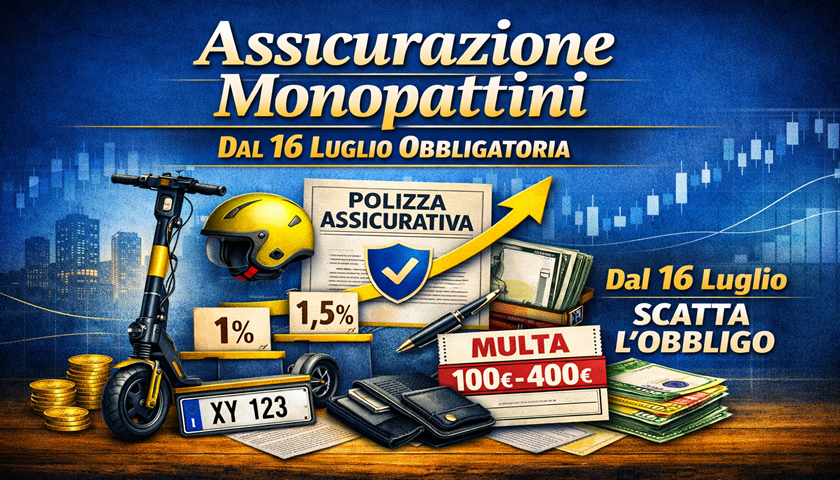 Grafica economico‑finanziaria sull’assicurazione obbligatoria per monopattini elettrici dal 16 luglio, con casco, targa, polizza e multa 100‑400 euro.