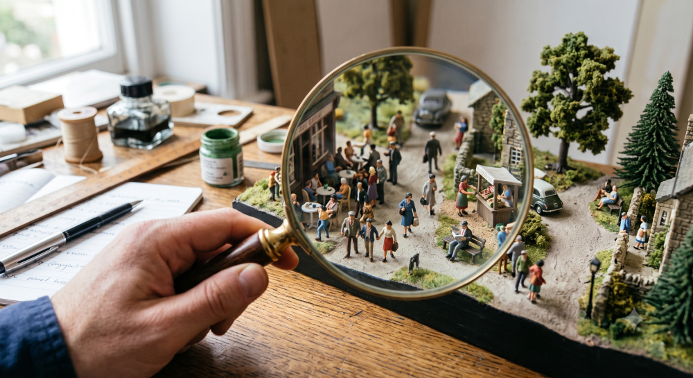 Una lente di ingrandimento, in primo piano, ingrandisce delle miniature di persone a passeggio in un parco