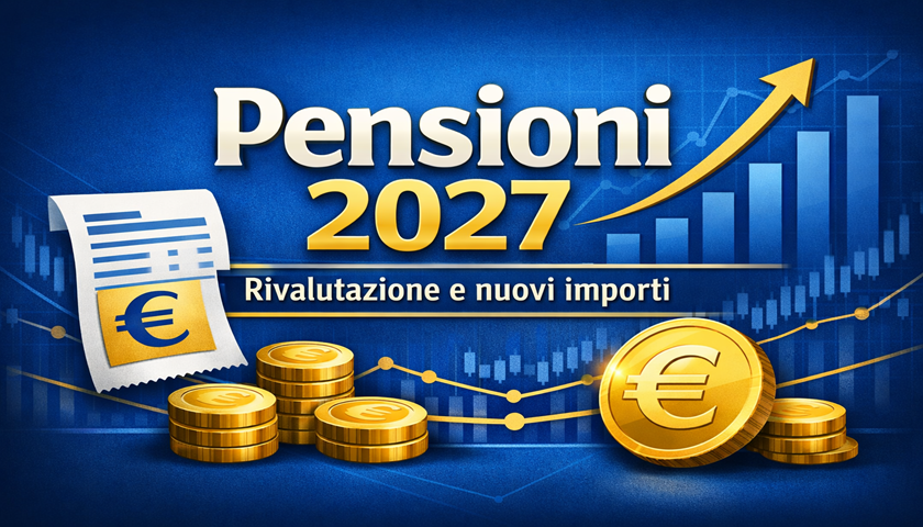 Grafica economico‑istituzionale con titolo “Pensioni 2027 – Rivalutazione e nuovi importi”, colori blu e oro, icone di cedolino, grafici e monete euro.