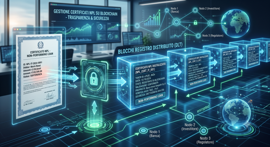 L'immagine, creata con l'intelligenza artificiale, mostra un ambiente virtuale dove sono presenti dei blocchi di testo indicandi i certificati npl digitalizzati su blockchain