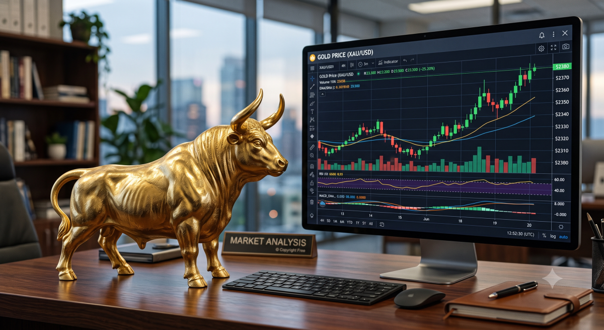 Statuetta dorata di un toro davanti a uno schermo riportante un grafico a candele dell'oro