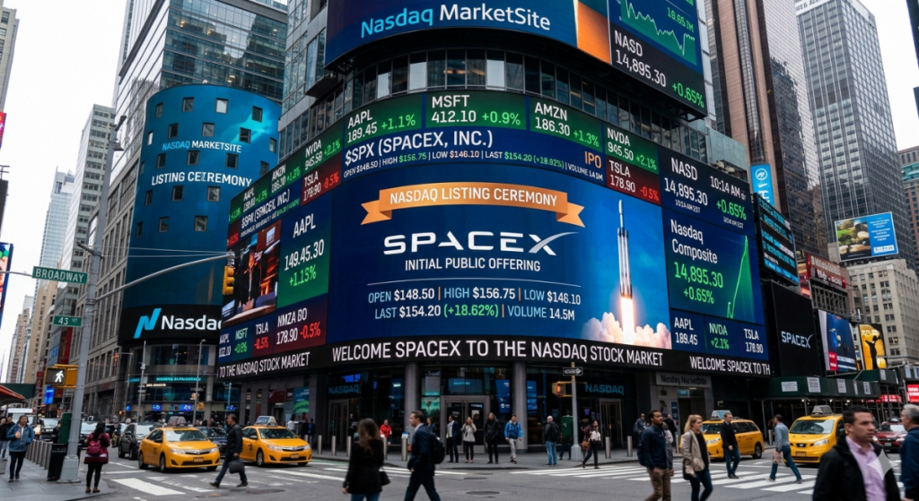 Times Square a New York con le sue insegne luminose, tra le quali quella del Nasdaq riporta il nome di SpaceX