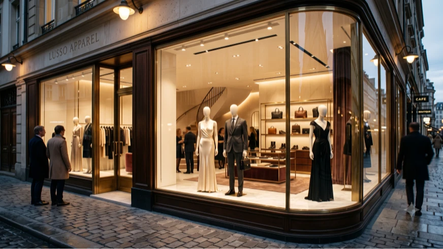 Un'elegante vetrina all'angolo di una via di una città. Un paio di persone sono ferme davanti all'ingresso.