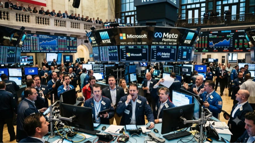 Un'immagine creata con l'IA riproduce l'interno della Borsa Usa con numerosi operatori e, sugli schermi, i loghi di Microsoft e Meta Platforms