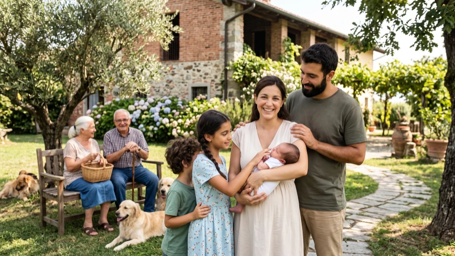 Il ciclo di vita di una famiglia completa, dal neonato, ai fratelli maggiori, i genitori e i nonni